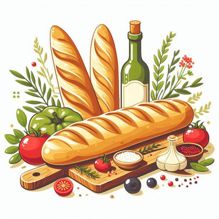 Baguette with olive oil, tomatoes and herbs. Vector illustration.のイラスト素材