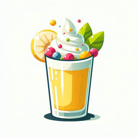 Milkshake with whipped cream and fruits. Cartoon vector illustration.のイラスト素材