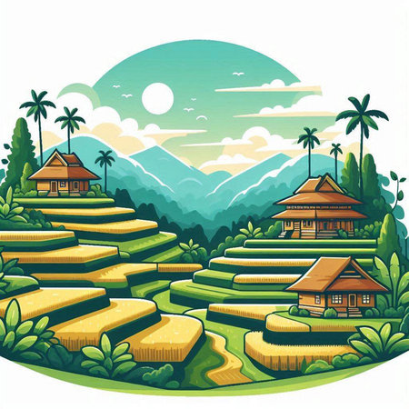 Rice terraces and huts in the jungle. Vector illustration.のイラスト素材