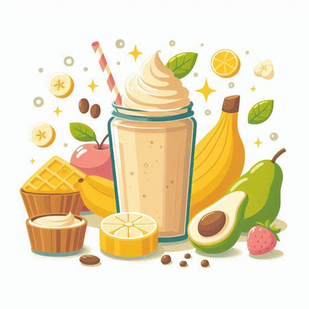 Vector illustration of smoothie in a jar and ingredients on a white backgroundのイラスト素材