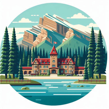 House on the shore of the lake in the mountains. Vector illustrationのイラスト素材