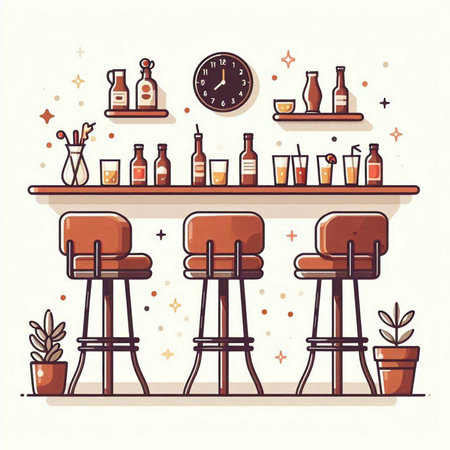 Vector illustration of bar counter with bottles and chairs in flat style.のイラスト素材