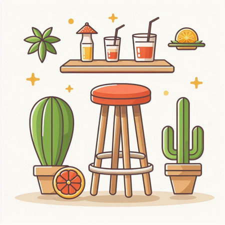 Cactus and bar stool. Vector illustration in a flat style.のイラスト素材