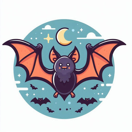 Cute cartoon bat flying in the night sky. Vector illustration.のイラスト素材