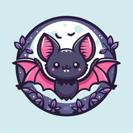 Cute cartoon bat with wings and flowers in circle. Vector illustration.のイラスト素材