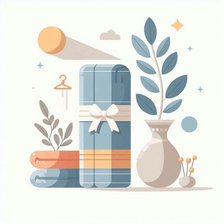 Vector illustration of a gift box with a bow, a vase with leaves, a candle, a vase with flowers.のイラスト素材
