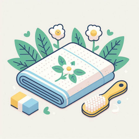 Spa and wellness concept. Bath towels, towel, massage brush and flowers. Vector illustrationのイラスト素材