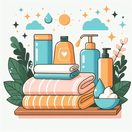 Towels and cosmetics. Vector illustration in flat cartoon style.のイラスト素材