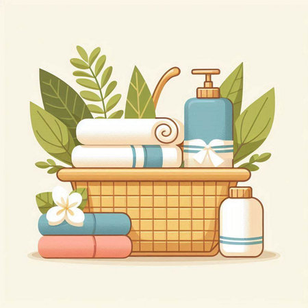 Bathroom accessories. Basket with towels, shampoo, shower gel, cream. Vector illustrationのイラスト素材