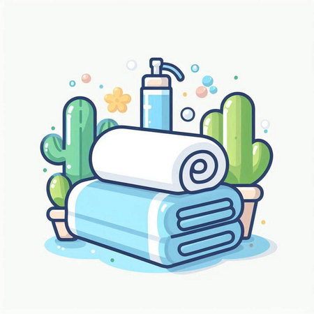 Spa and wellness vector illustration. Towel, soap, shampoo, lotion, towel.のイラスト素材