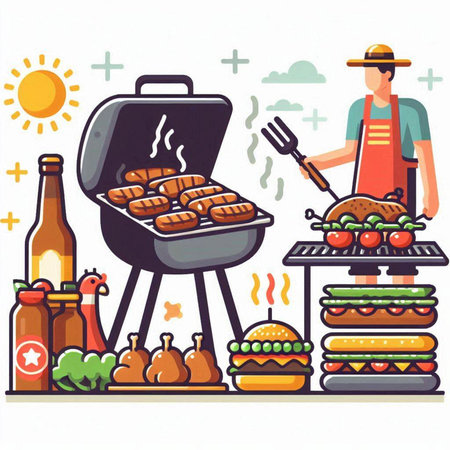 Barbecue party with grill, food and drinks. Vector illustration.のイラスト素材