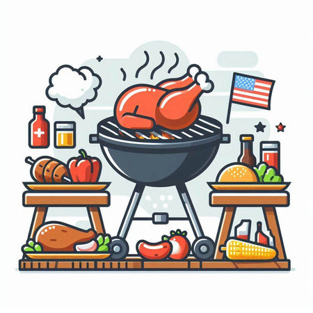 Barbecue grill with grilled chicken and vegetables. Vector illustration in cartoon style.のイラスト素材