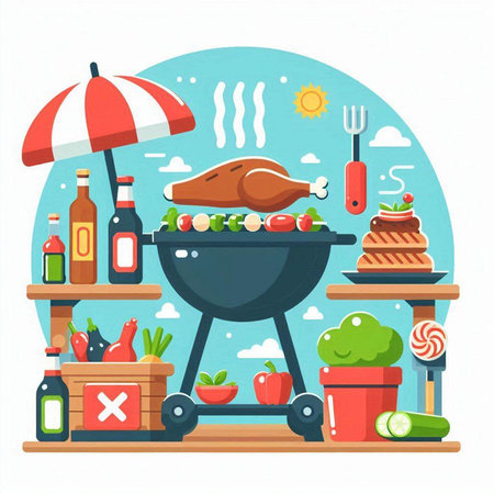 Barbecue grill with food. Vector illustration in flat cartoon style.のイラスト素材
