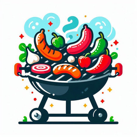 Barbecue grill with sausages and vegetables, vector illustration.のイラスト素材