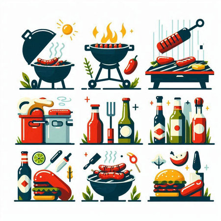 Set of barbecue icons. Vector illustration in flat cartoon style. Barbeque party.のイラスト素材