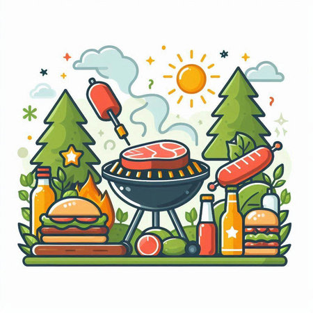 Barbecue party vector illustration in flat style. BBQ grill with meat and vegetables.のイラスト素材
