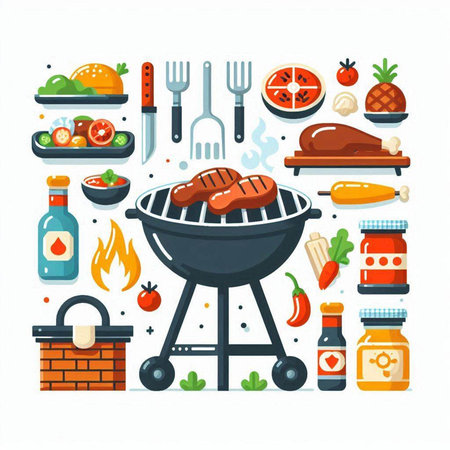 BBQ party poster. Vector illustration in flat style. Barbecue grill with food and accessories.のイラスト素材