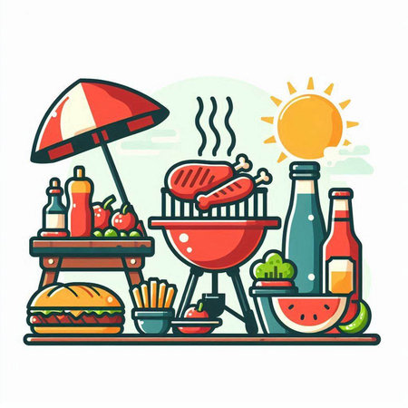 Barbeque grill with food and drinks. Vector illustration in flat styleのイラスト素材