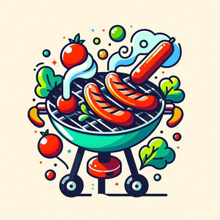Barbecue party. Vector illustration of grill with sausages, vegetables and mushrooms.のイラスト素材