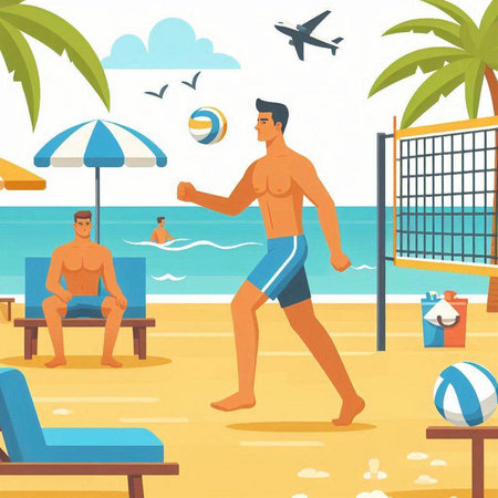 Beach summer vacation, vector illustration. Cartoon man playing volleyball on seashore.のイラスト素材