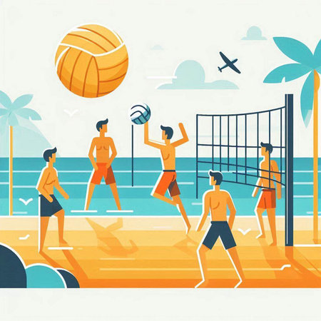 People playing beach volleyball. Vector illustration in flat style. Volleyball player.のイラスト素材