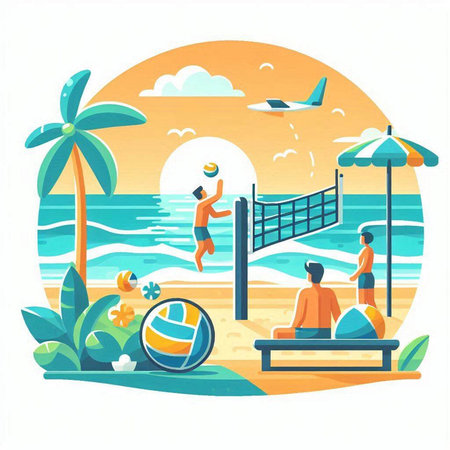 Beach volleyball. Summer time. Vector illustration in flat style.のイラスト素材