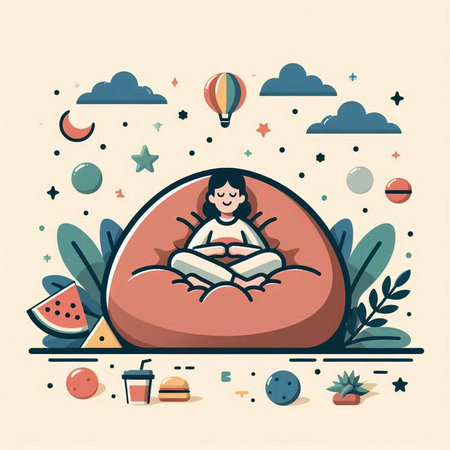Girl sitting in a beanbag. Vector illustration in flat style.のイラスト素材