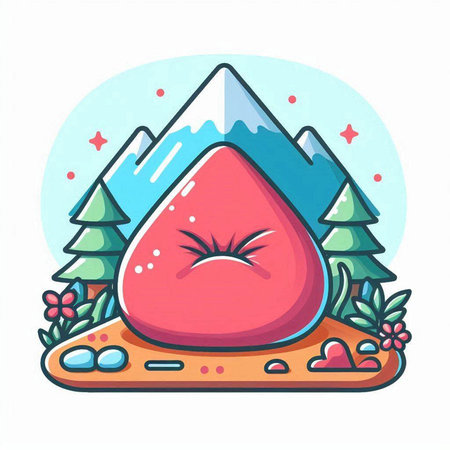 Red water drop with mountains in the background. Vector illustration in cartoon style.のイラスト素材