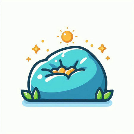 Cartoon blue cloud with sun and green leaves. Vector illustration.のイラスト素材