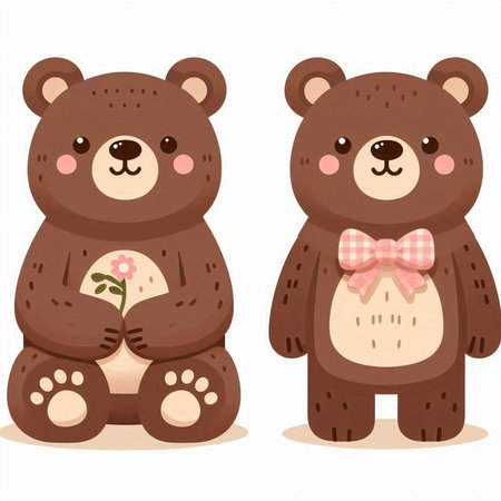 Two cute brown bear holding a flower. Vector illustration isolated on white background.のイラスト素材