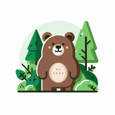 Cute bear in the forest. Vector illustration in flat style.のイラスト素材