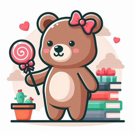 Cute bear with lollipop and books. Vector illustration.のイラスト素材
