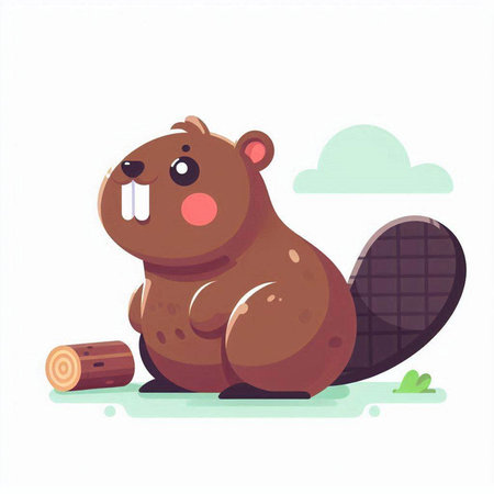 Cute cartoon beaver sitting on the ground. Vector illustration.のイラスト素材
