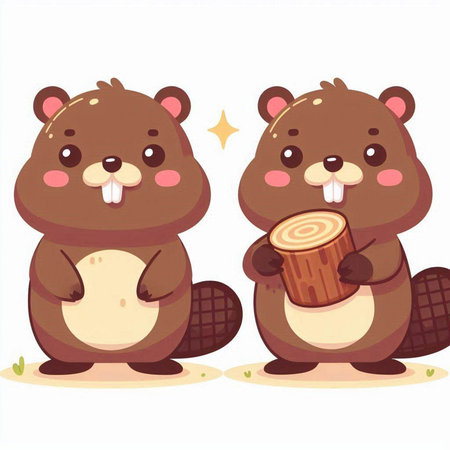 Beaver and beaver holding a log. Vector illustration isolated on white backgroundのイラスト素材