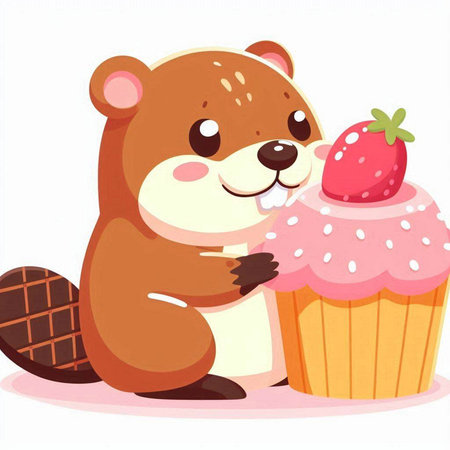 Cute cartoon beaver with a cupcake. Vector illustration.のイラスト素材
