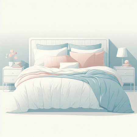 Illustration of a blue bedroom with a bed and two pillowsのイラスト素材