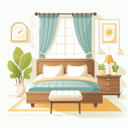 Bedroom interior. Vector illustration in flat cartoon style. Interior of a room with a bed, pillows and a window.のイラスト素材