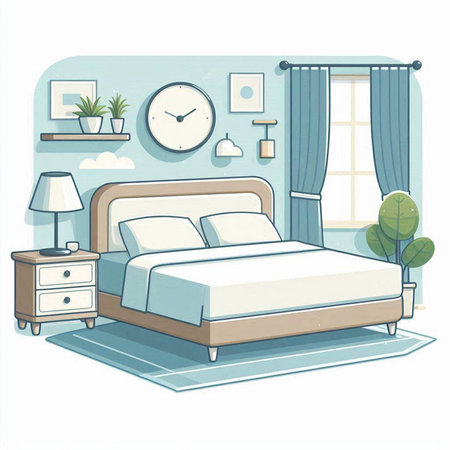 Vector illustration of a bedroom interior with a bed and bedside tableのイラスト素材