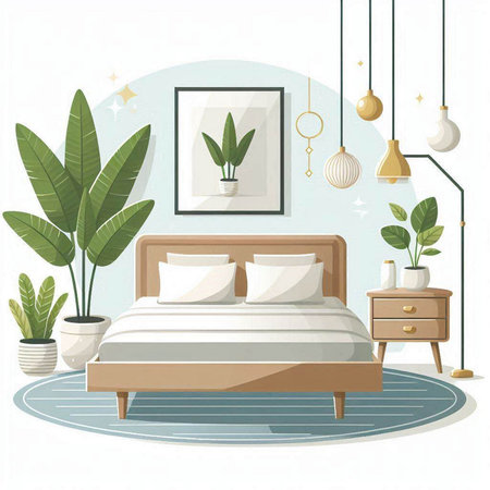 Vector illustration of bedroom interior design with bed, potted plants and lamps.のイラスト素材