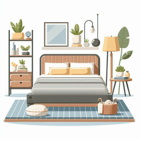 Vector illustration of a cozy bedroom with a bed, a lamp, a potted plant, a bookshelf and a mirror.のイラスト素材