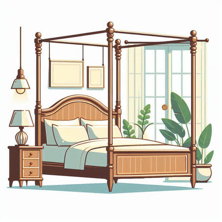 Illustration of a wooden double bed in the room. Vector illustrationのイラスト素材
