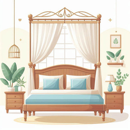Bedroom interior with double bed, pillows and plants. Vector illustrationのイラスト素材