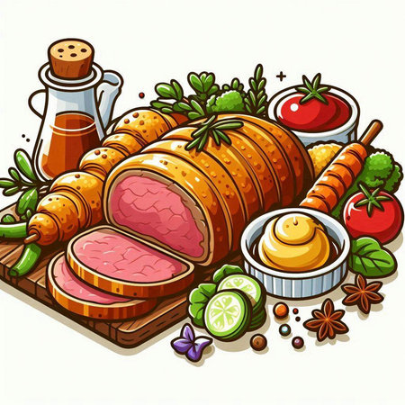 Vector illustration of a ham on a cutting board with vegetables and spicesのイラスト素材
