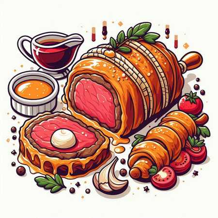 Vector illustration of croissant roll with meat, jam and teaのイラスト素材