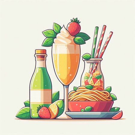 Vector illustration of a glass of fruit smoothie with strawberries and ice creamのイラスト素材