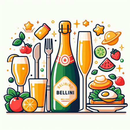 Vector illustration of a set of alcoholic beverages. Champagne, ice cream, lemonade, orange juice, strawberries and oranges.のイラスト素材