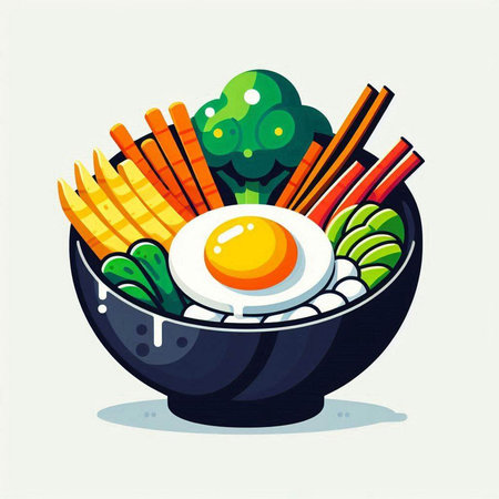 Illustration of a bowl of noodle with fried egg and vegetablesのイラスト素材