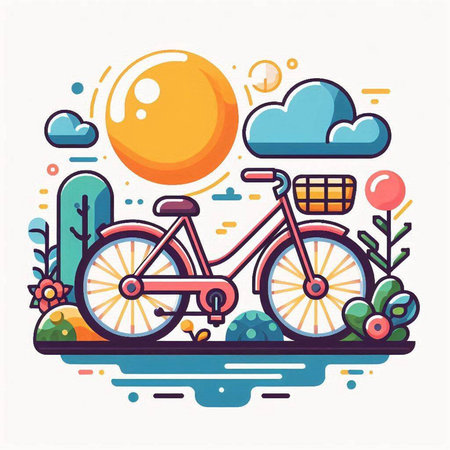 Bicycle in the park. Vector illustration in flat linear style.のイラスト素材