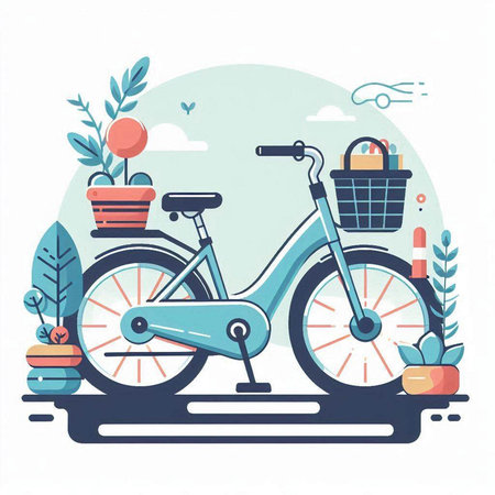 Bicycle in the garden. Vector illustration in flat design style.のイラスト素材