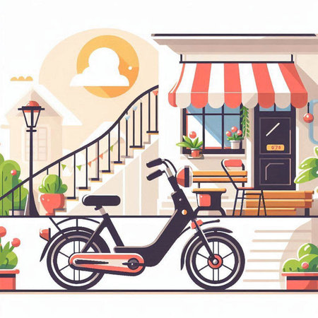 Coffee shop or cafe with scooter. Vector flat illustrationのイラスト素材